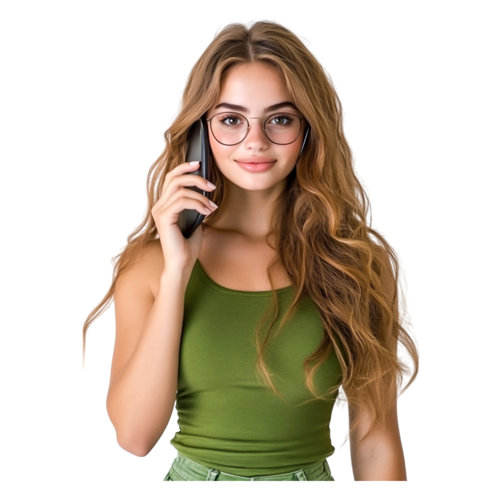 Young Woman with Long Hair Wearing Glasses and Holding a Phone png