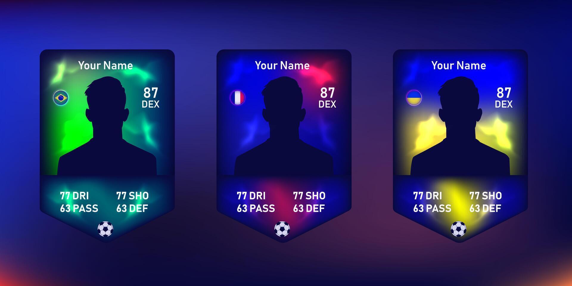 Futuristic football player card template with silhouette and glowing national flags. Digital collectible sports card design for fantasy soccer game vector