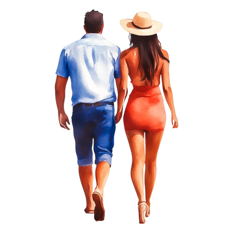 Couple Walking Together on Beach in Summer Attire with Hats png