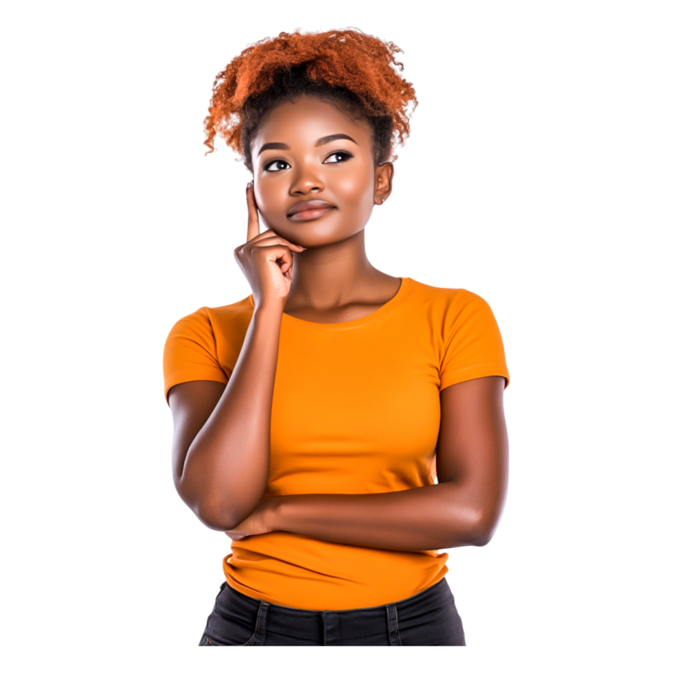 pensativo mulher com encaracolado cabelo dentro laranja camisa posando com confiança png