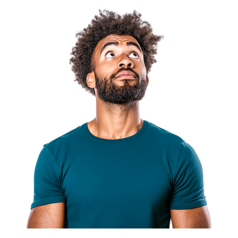 Thoughtful young man with curly hair looking upward in a teal shirt png