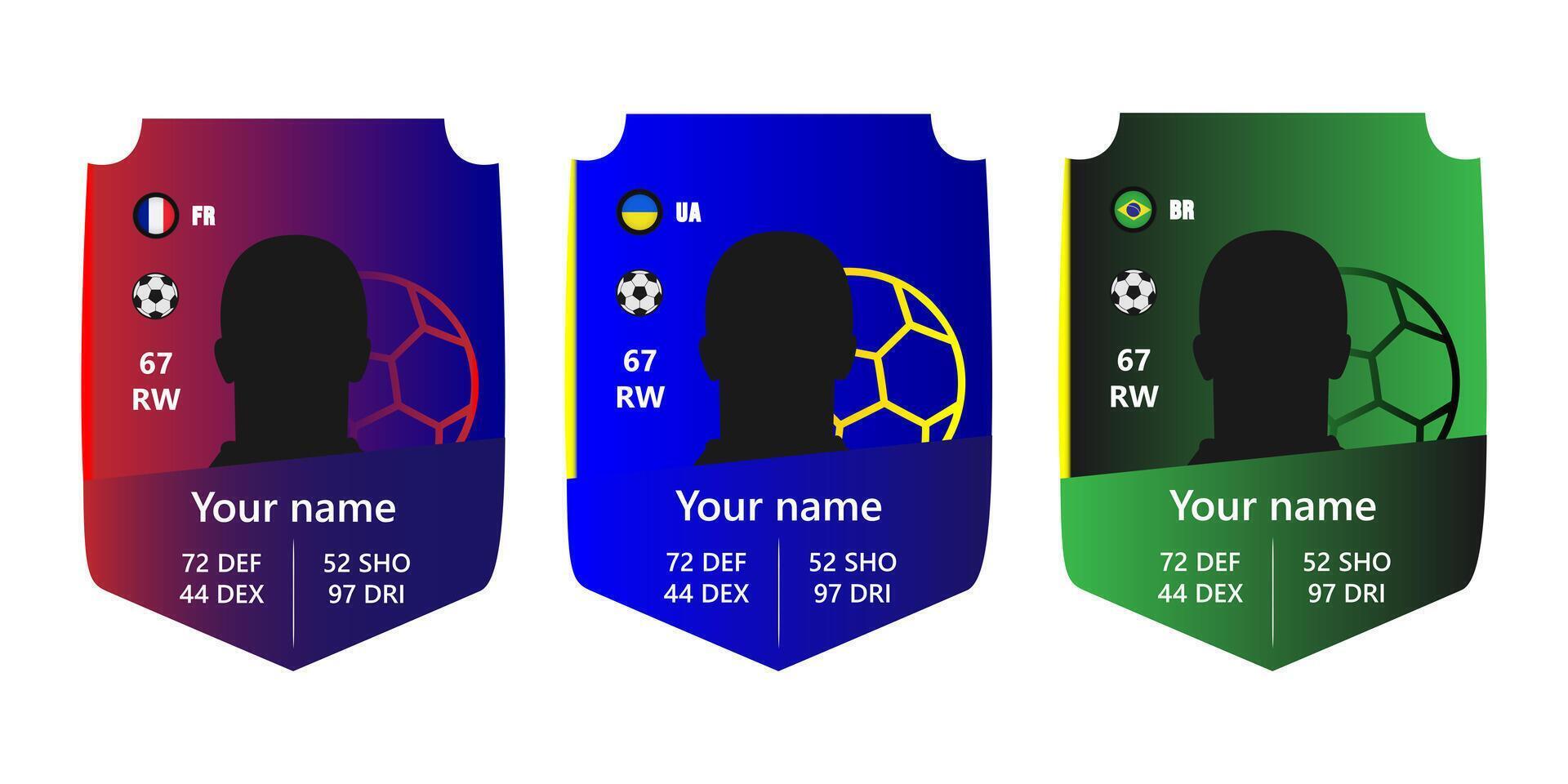 Custom football player card template with silhouette, stats, and national flags of France, Ukraine, and Brazil. Digital sports card design mockup for gaming and fantasy football vector