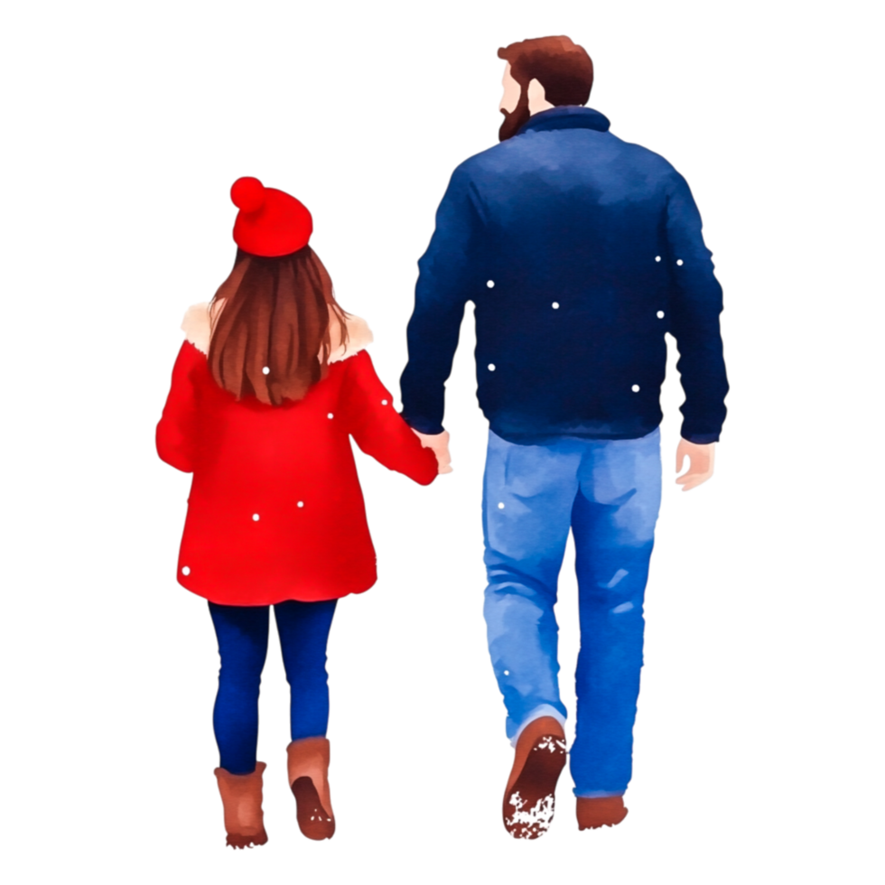 Warm Winter Walk of a Couple in Cozy Clothing with Snowflakes Falling png