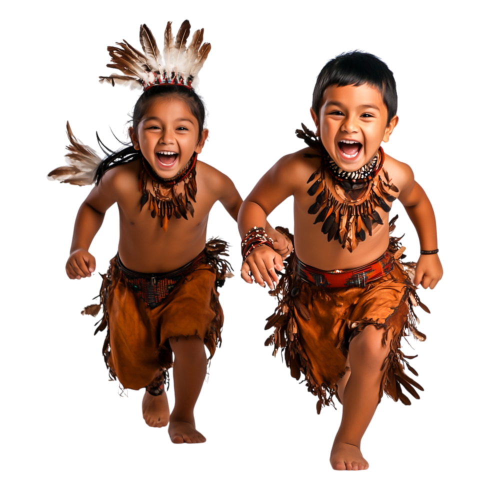 Children in Traditional Tribal Costumes Running with Joyful Expressions png