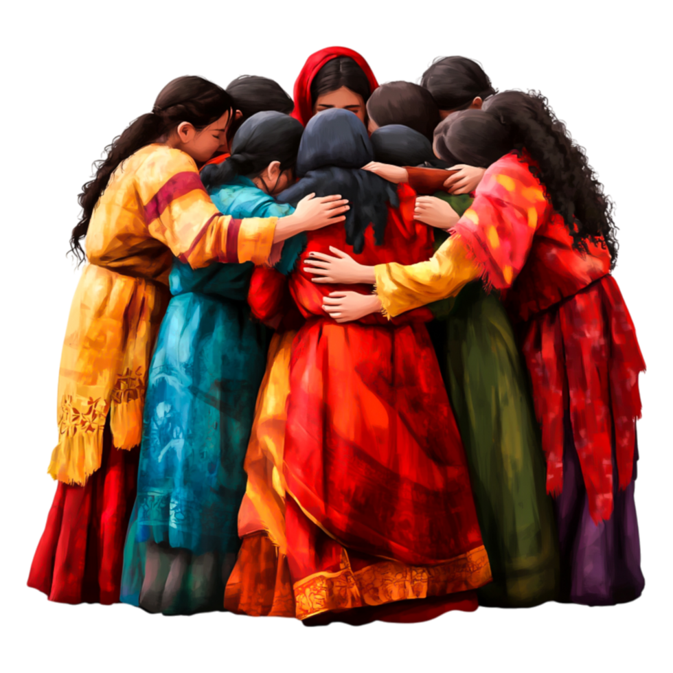 Group of Women Embracing in Colorful Traditional Dresses Outdoor png