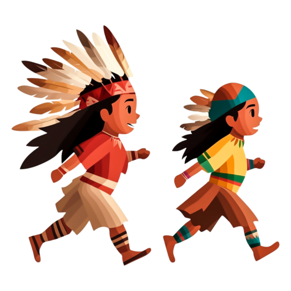 Two Native American Children Running with Joyful Expressions png
