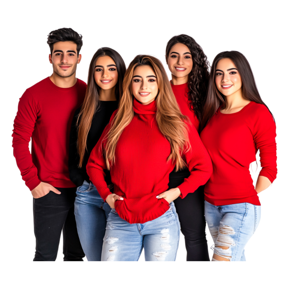 Group of Friends Smiling and Posing Together in Casual Red Outfits png