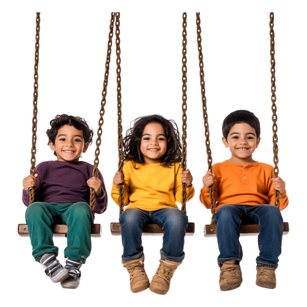 Happy Children Swinging Together in Bright Colorful Clothing png