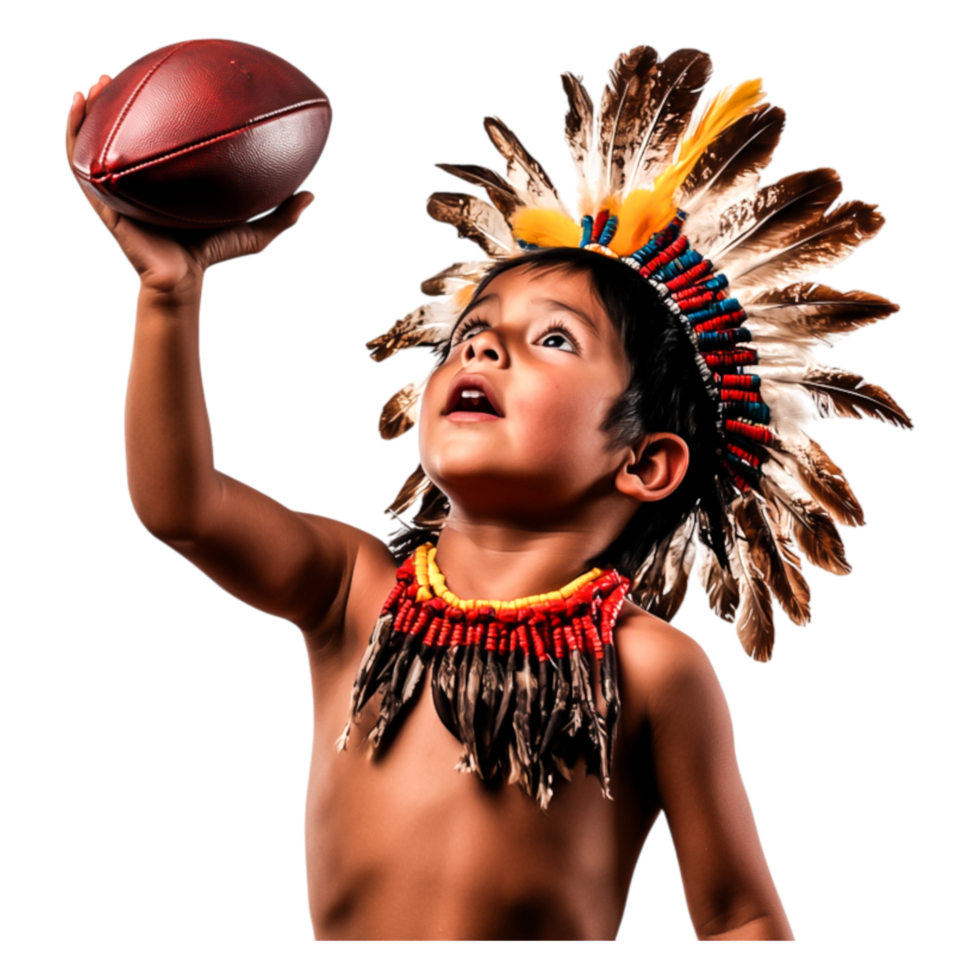 Young Boy in Traditional Costume with Feather Headdress and Football png