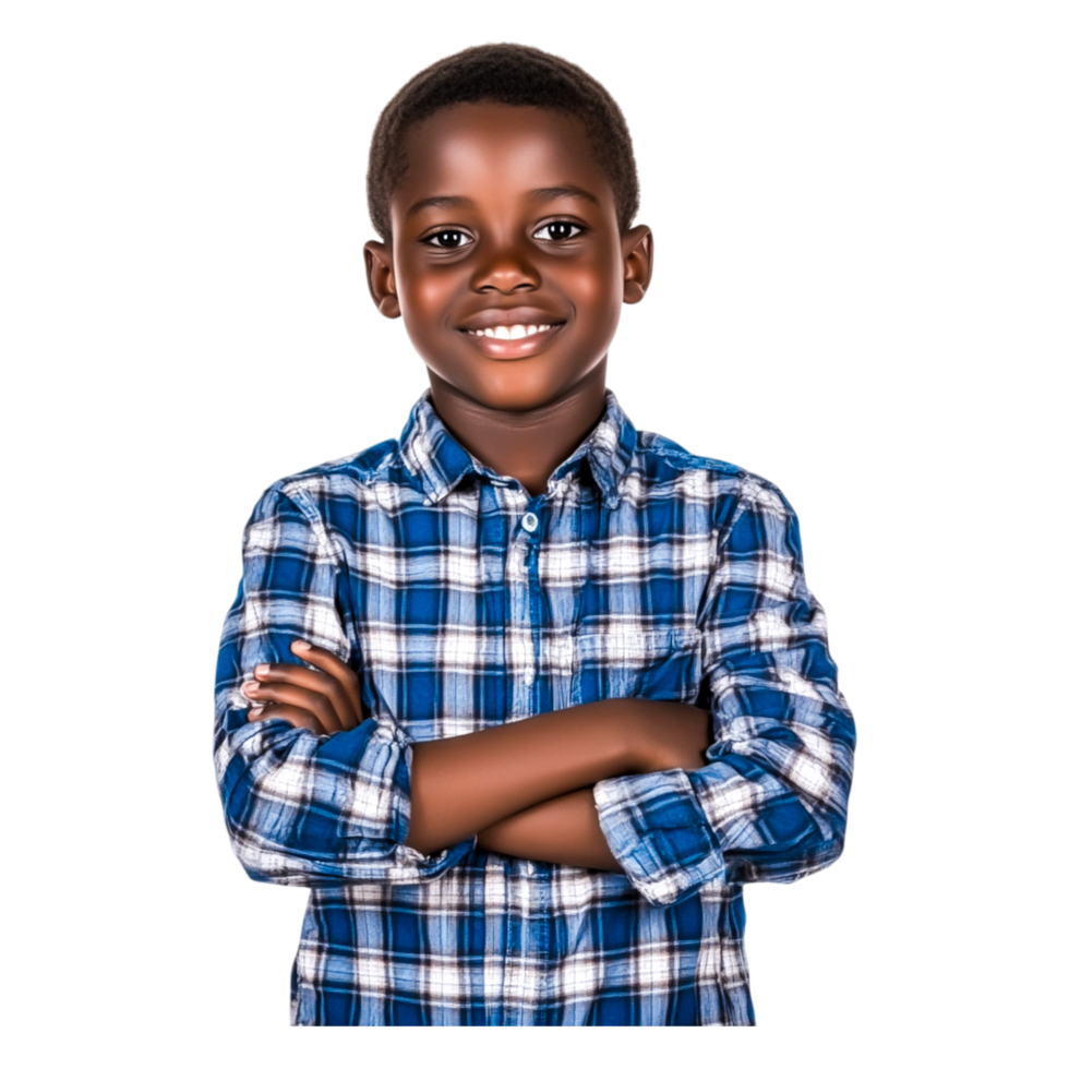 Happy Young Boy with Bright Smile in Blue Plaid Shirt Portrait png