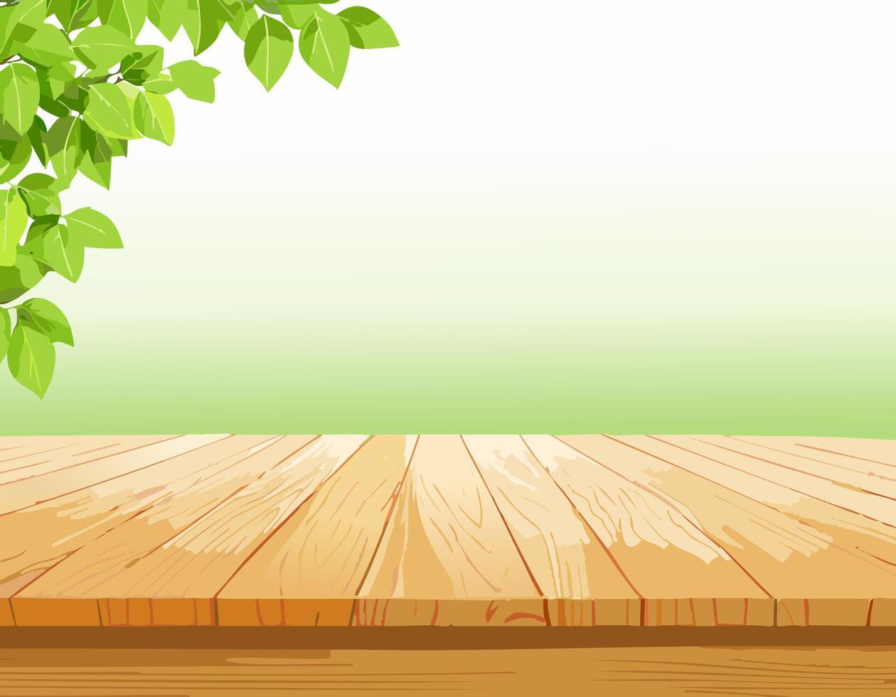 Empty wooden tabletop over green background with copy space vector