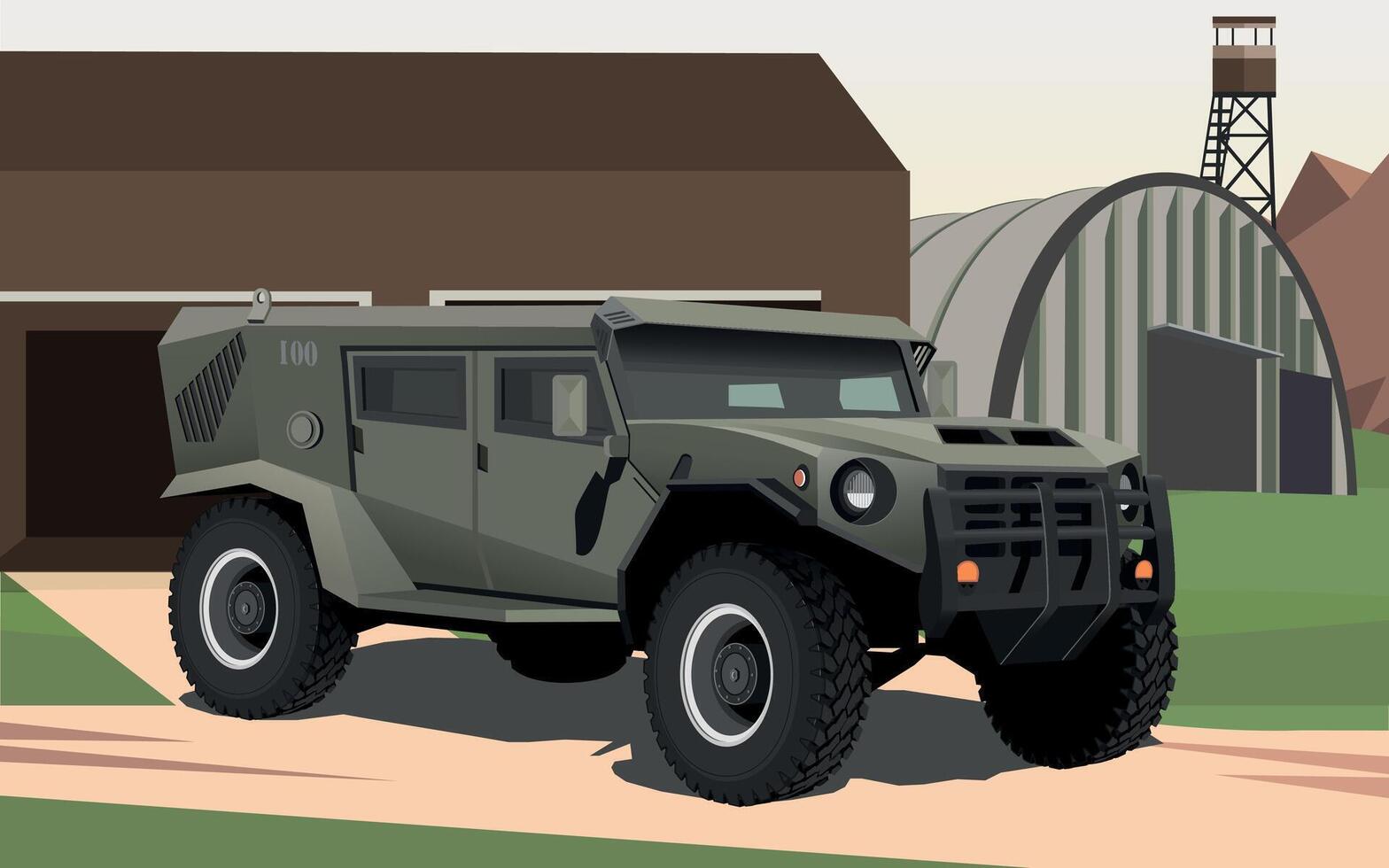 army armored command vehicle in green khaki color against the background of a military base and hangar vector