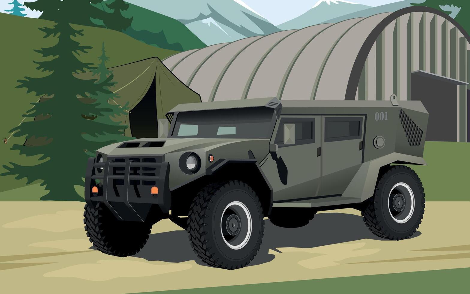 military army armored command vehicle in green khaki color against the background of a military base and forest vector