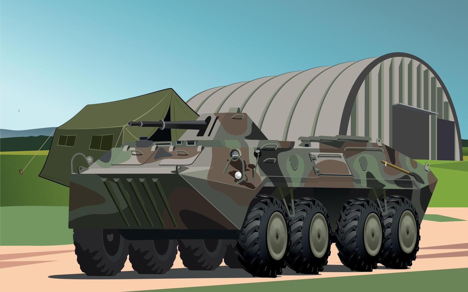 military army armored personnel carrier in green camouflage khaki against the background of a military hangar vector