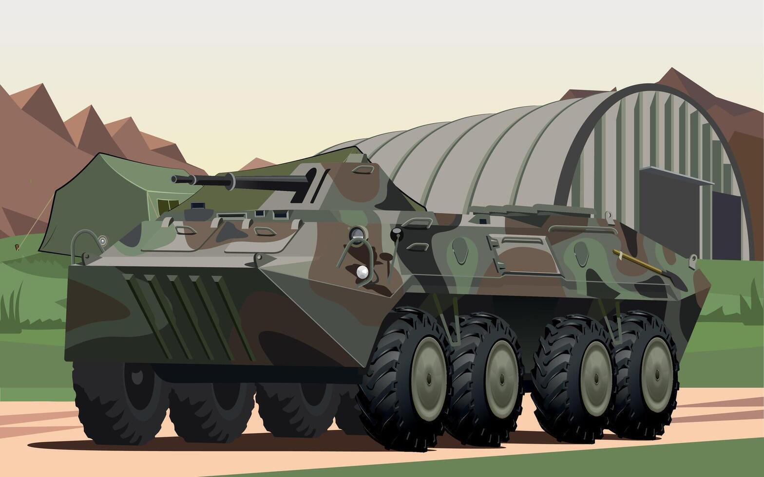 military army armored personnel carrier in spotted green camouflage against the background of a military hangar vector