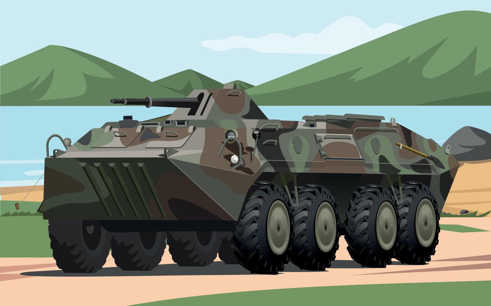 military army armored personnel carrier in spotted green camouflage against the background of a military base on the river bank vector