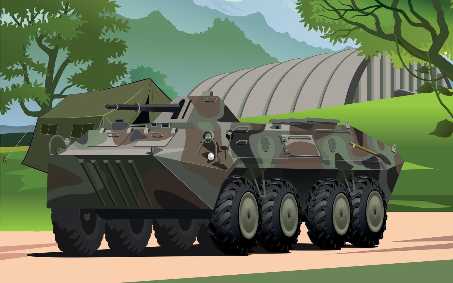 military army armored personnel carrier in spotted green camouflage against the background of a military base and forest vector