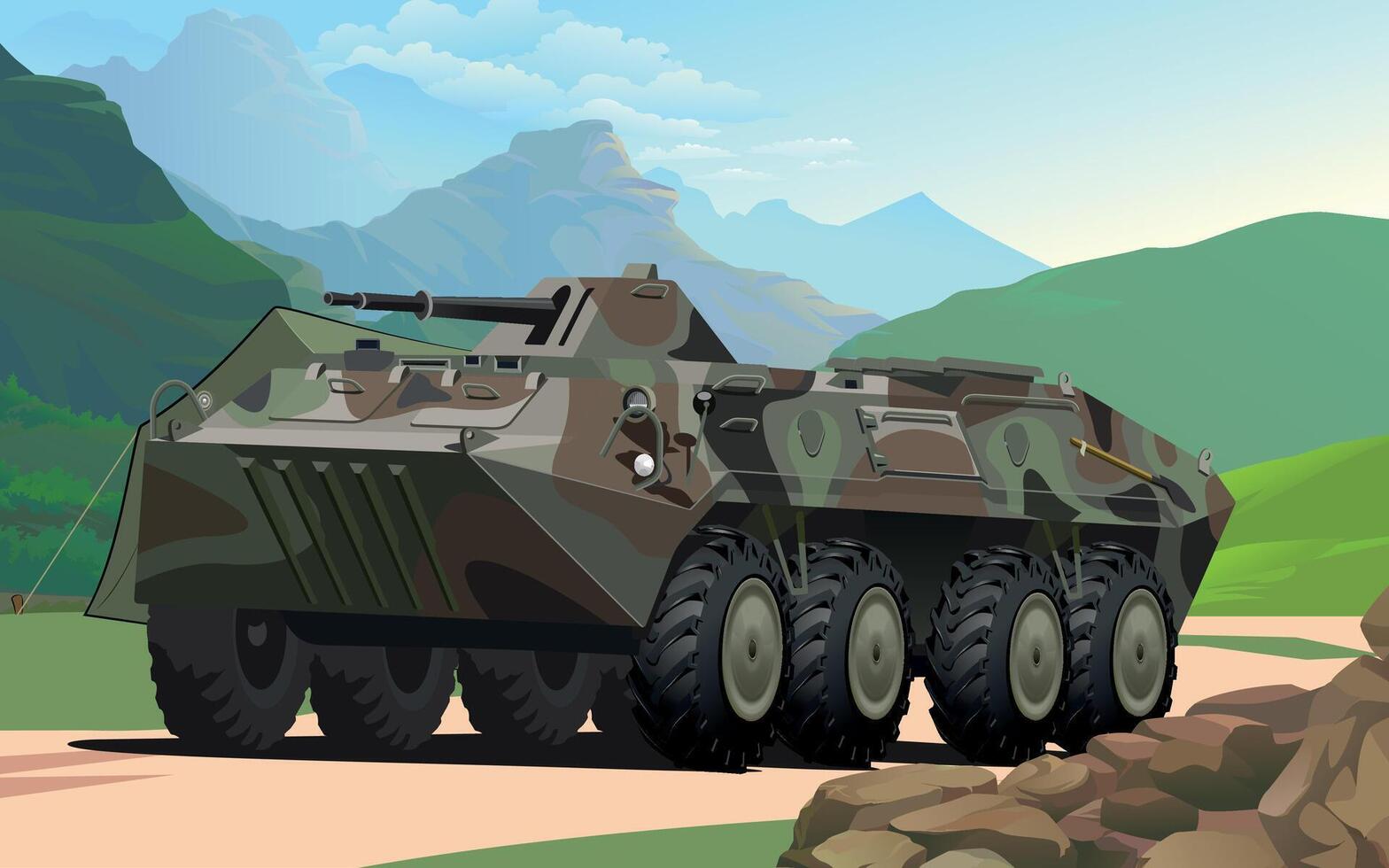 military army armored personnel carrier in spotted green camouflage against the background of a military base in the mountains vector