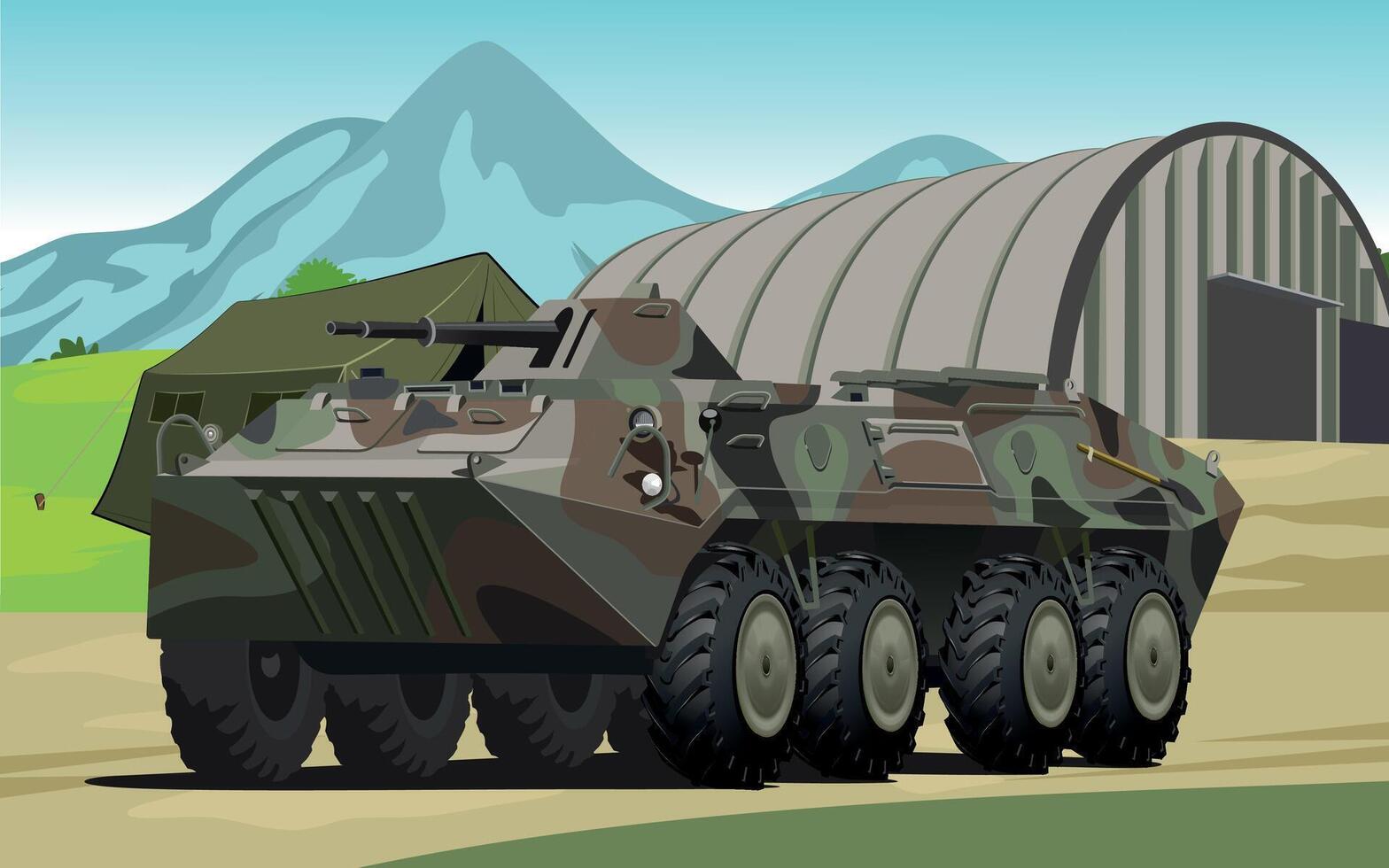 military army armored personnel carrier in spotted green camouflage against the background of a military base and hangar vector