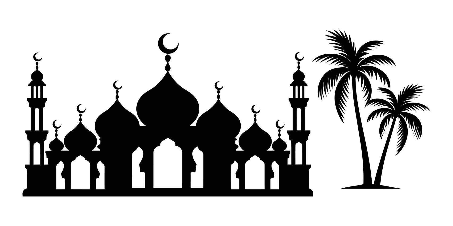 Silhouette of a Mosque and Palm Trees. Black Mosque Silhouette with Minarets and Crescent Moon Ideal for Eid Celebration Decor and Islamic Art, Islamic architecture. vector