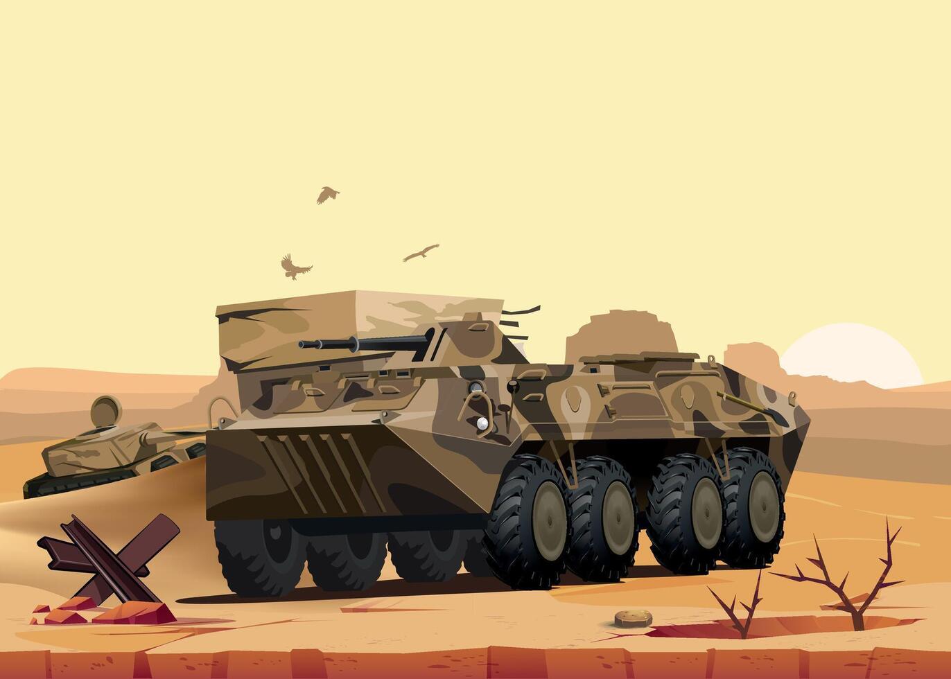 army armored personnel carrier in khaki sand camouflage against the background of desert and sand vector
