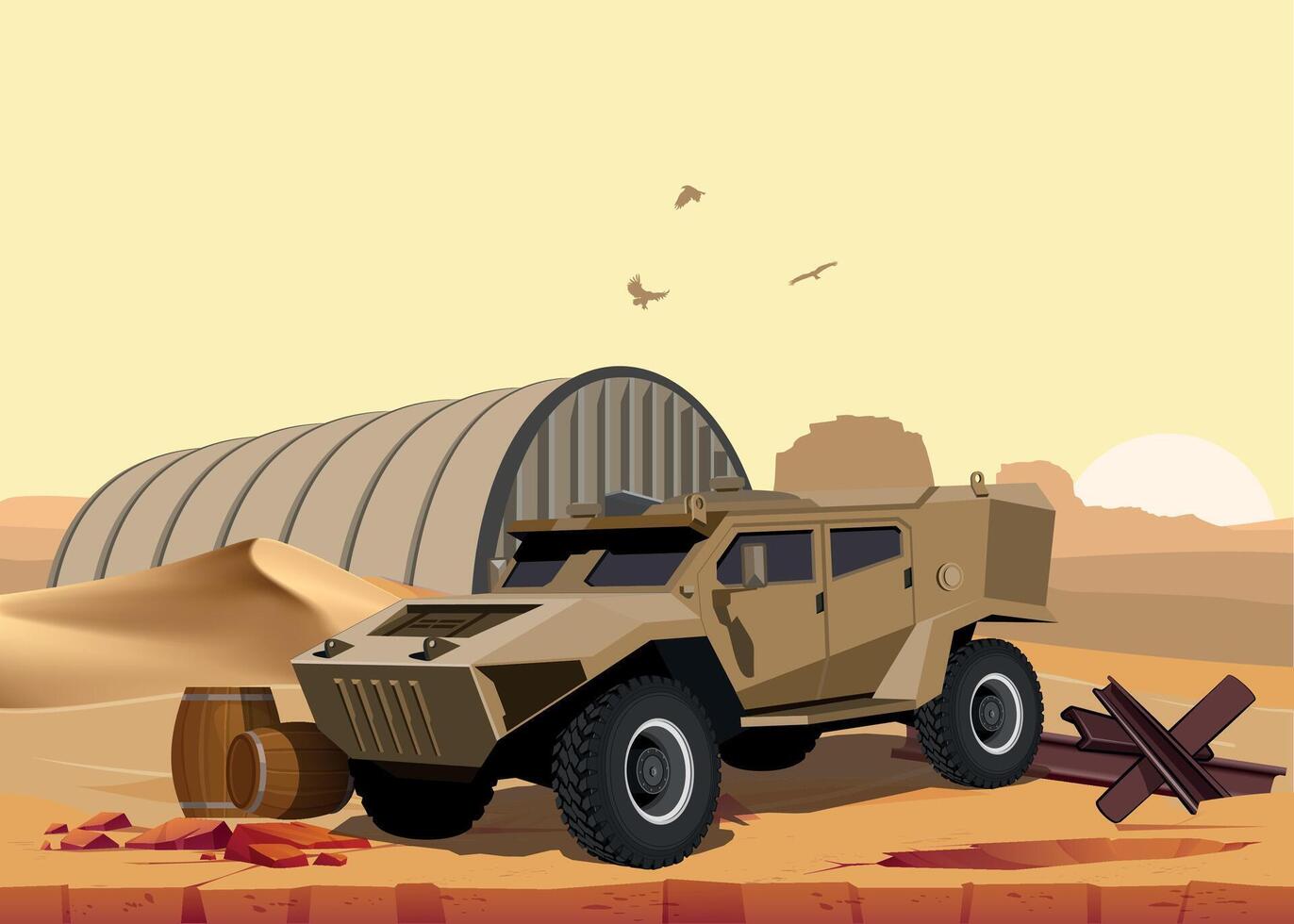 military army armored command vehicle in khaki sand camouflage against desert and hangar background vector