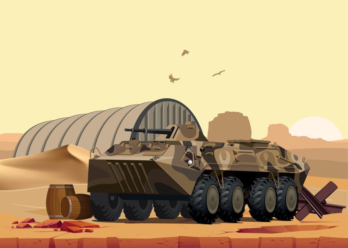 military army armored personnel carrier in khaki sand camouflage against the background of desert and sand vector