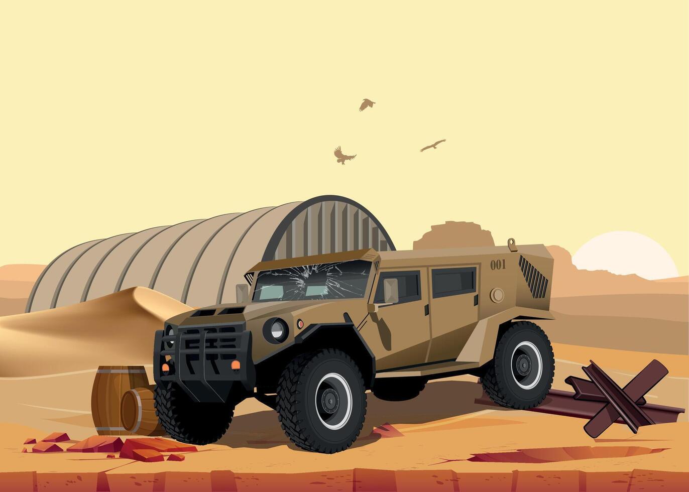military army armored command vehicle in khaki sand camouflage against desert and hangar vector
