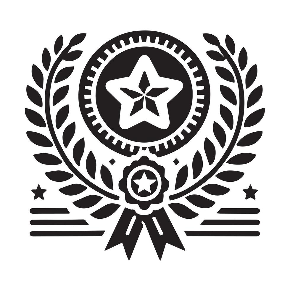 A stylized, black and white emblem showcasing a globe, award ribbon, and laurel wreath. vector