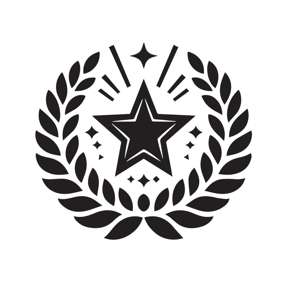 A graphic design featuring a circular emblem with a stylized trophy and laurel wreath. vector