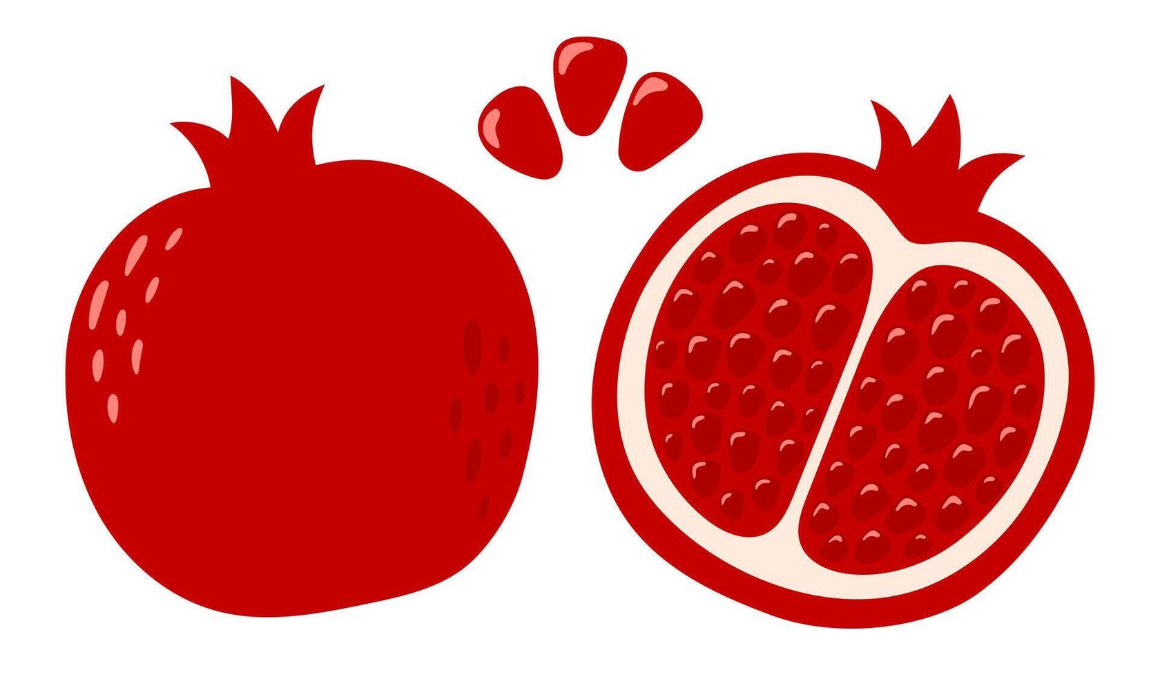 Pomegranate set. Half and whole fruits, berries, seeds. Collection of organic vitamins and healthy nutrition. Flat illustration isolated on white background vector