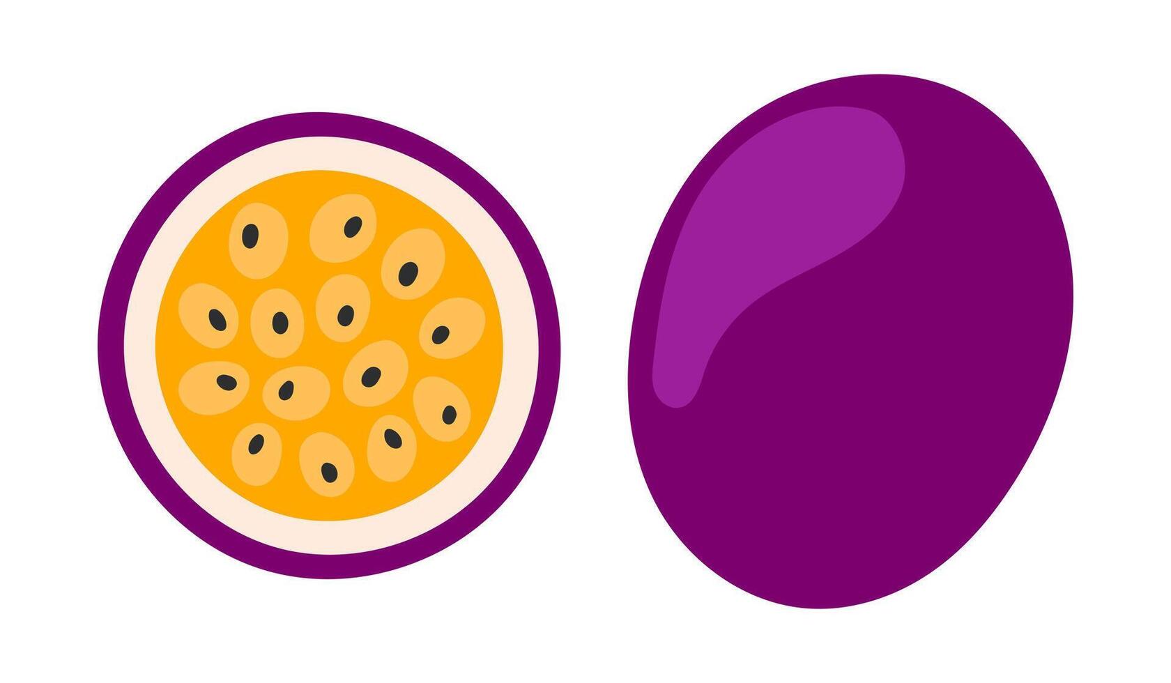 Passion fruit set. Tropical fruits. Half and whole exotic fruit. Collection of organic vitamins and healthy nutrition. Flat illustration isolated on white background vector