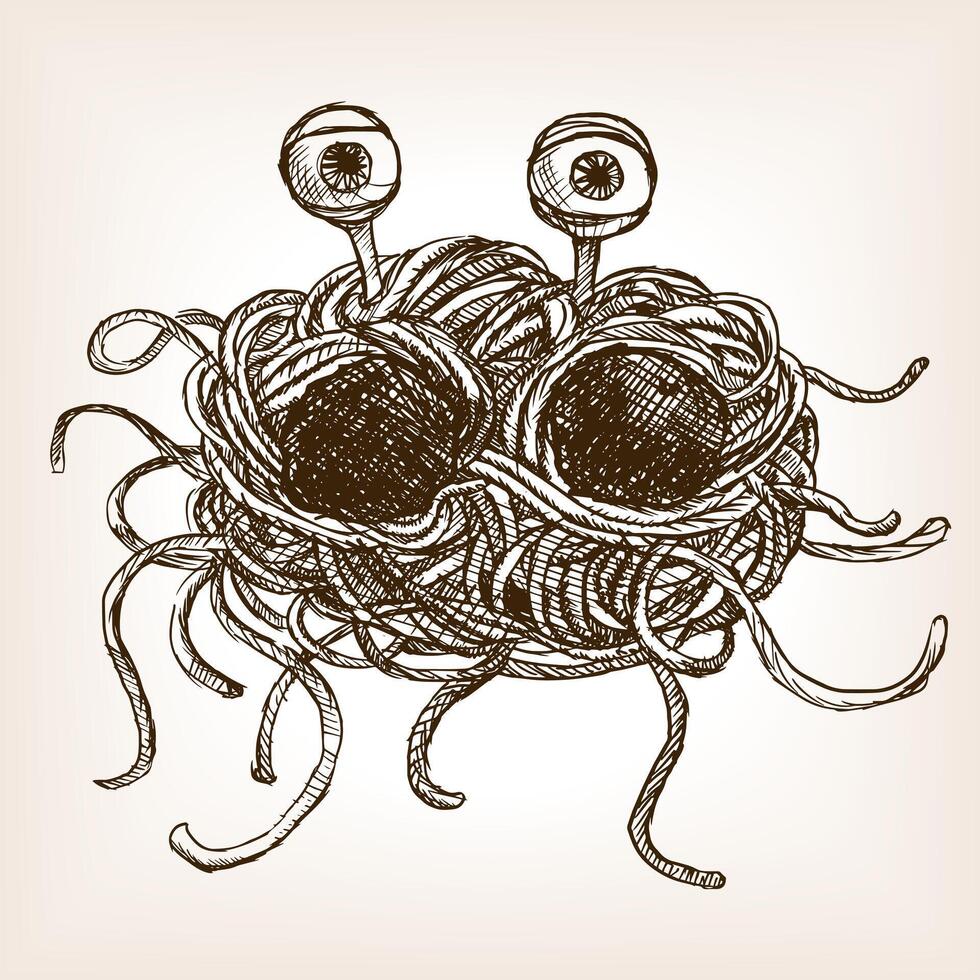 Flying spaghetti monster sketch style illustration. Old hand drawn engraving imitation. vector