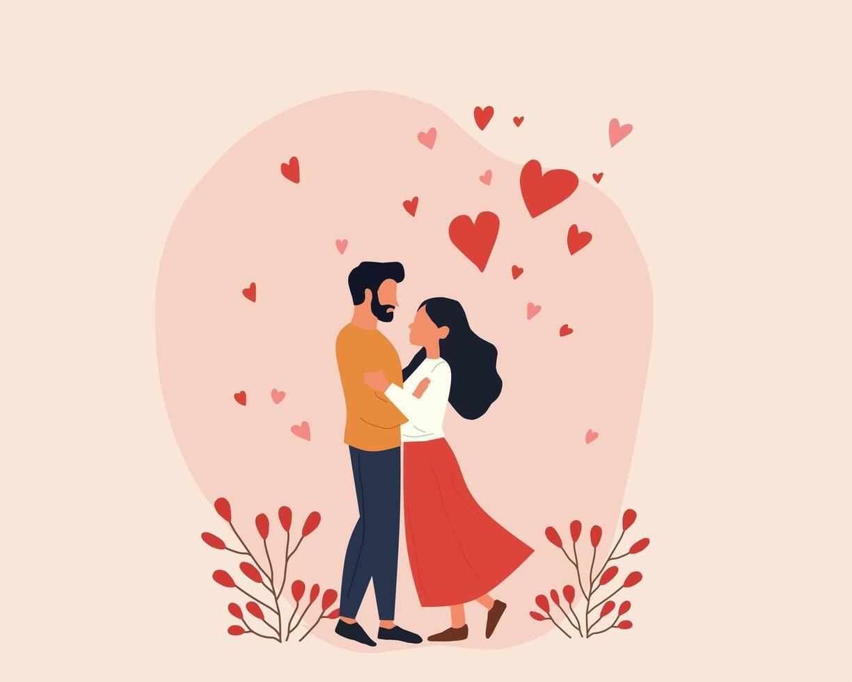 An illustration of a romantic couple embracing surrounded by floating red hearts, symbolizing love, affection, and the celebration of Valentine's Day vector