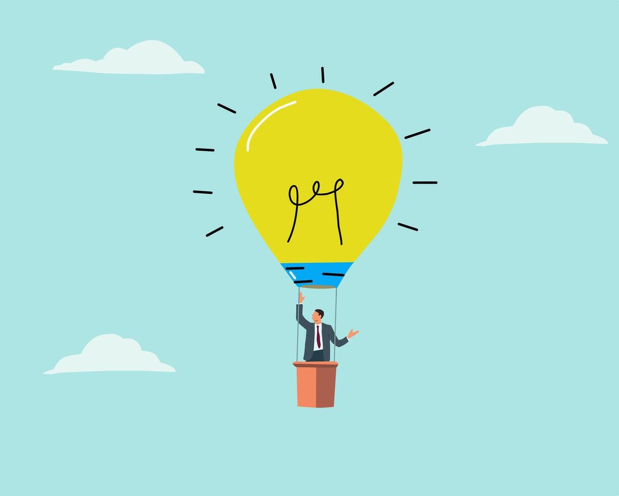 A businessman standing inside a hot air balloon shaped like a giant light bulb, representing innovation, creative thinking, and visionary business ideas vector