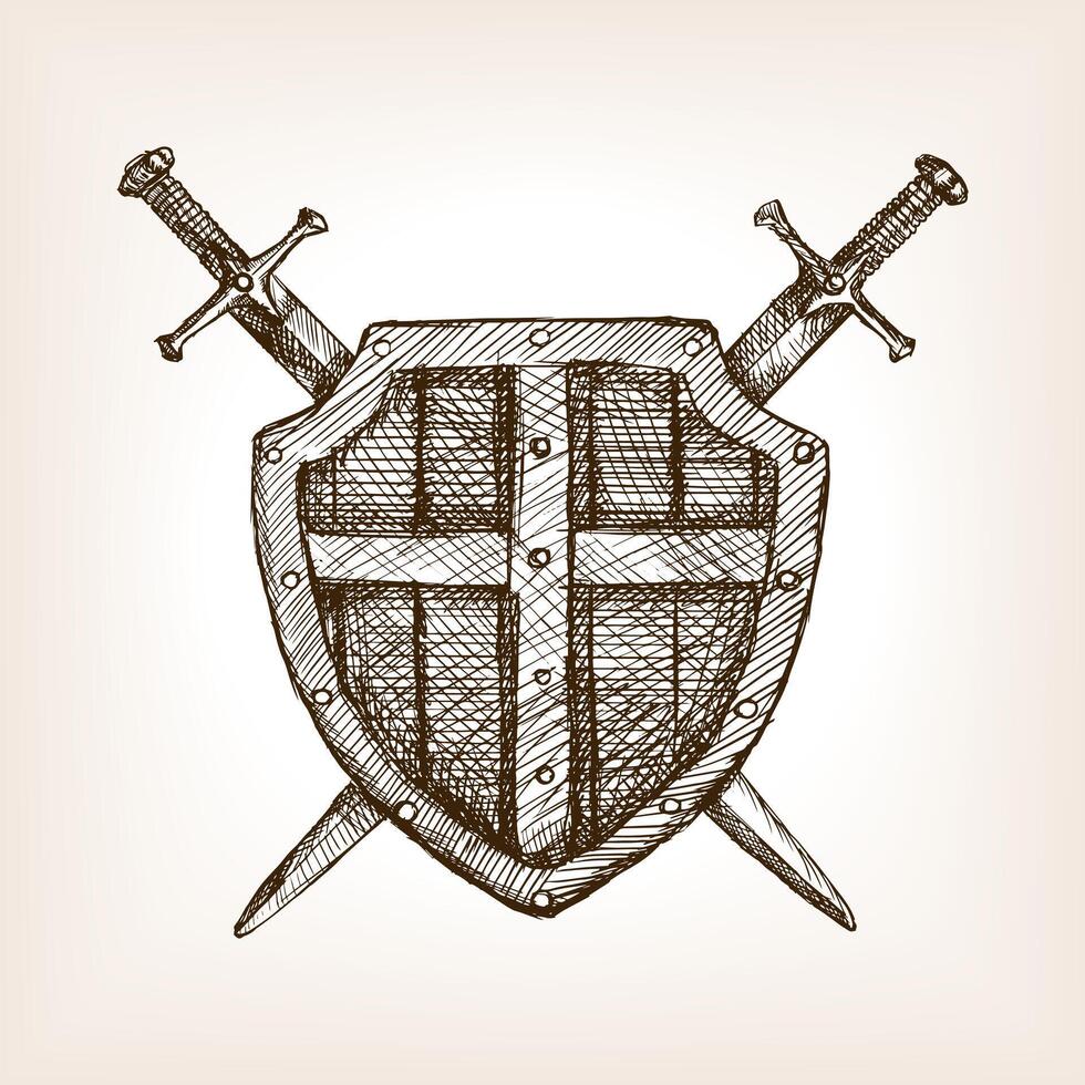 Shield and sword sketch style illustration. Old hand drawn engraving imitation. Vegetable illustration vector