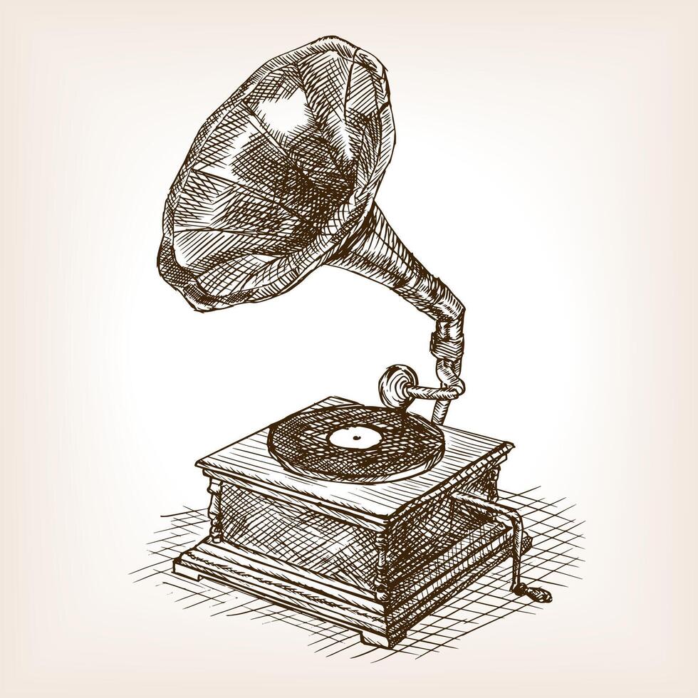 Gramophone sketch style illustration. Old hand drawn engraving imitation. Vintage object illustration vector