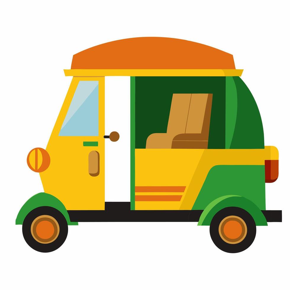 A colorful cartoon tuk tuk , showcasing a popular mode of transport in many Asian cities.Suitable for children's books, sticker,t shirt design, mascot, logo. Children's picture. vector