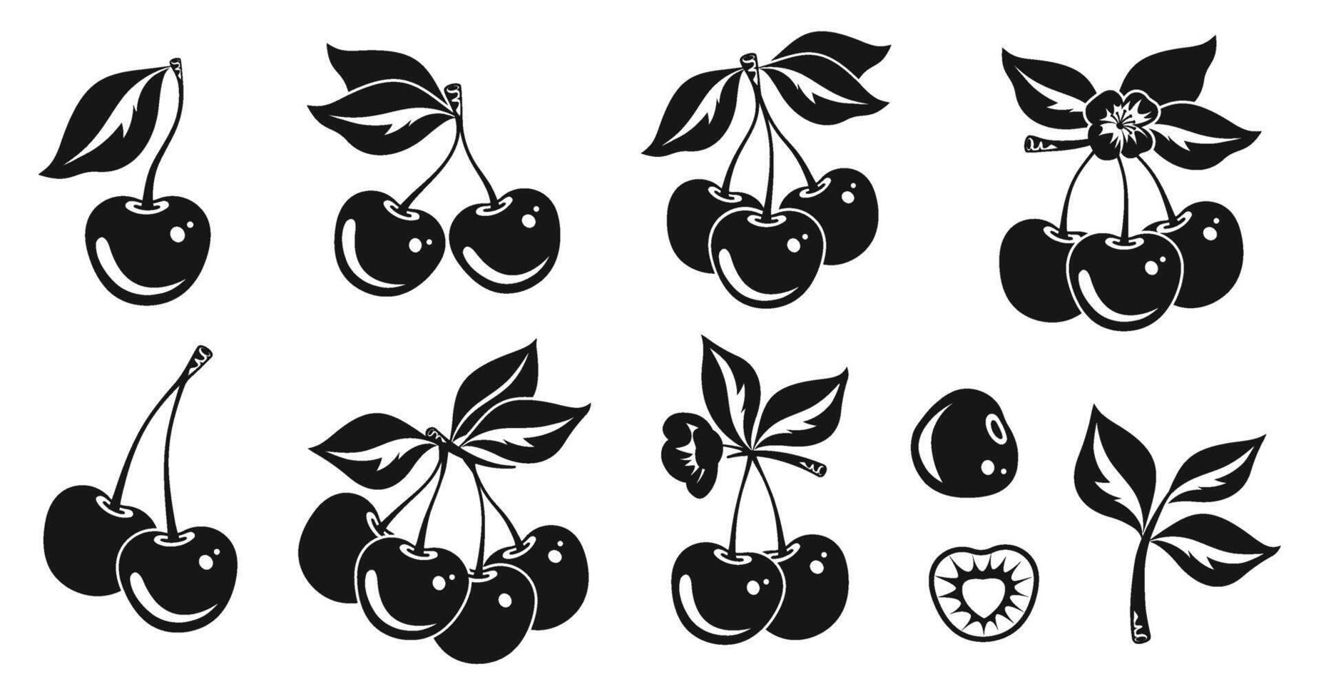 Minimalist Cherry Silhouettes. Black and White Fruit Icons with leaves, flowers, branches vector