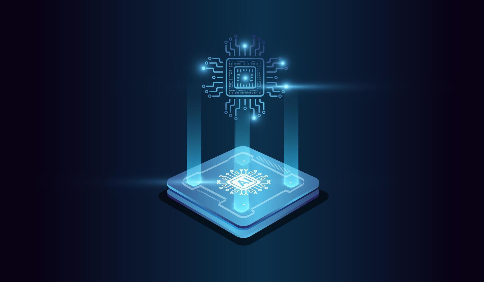 Artifical intelligence technology concept on Brightly glowing AI chip with light circuit board on technology . Computer microchip, and Binary code in digital brain form compose. vector