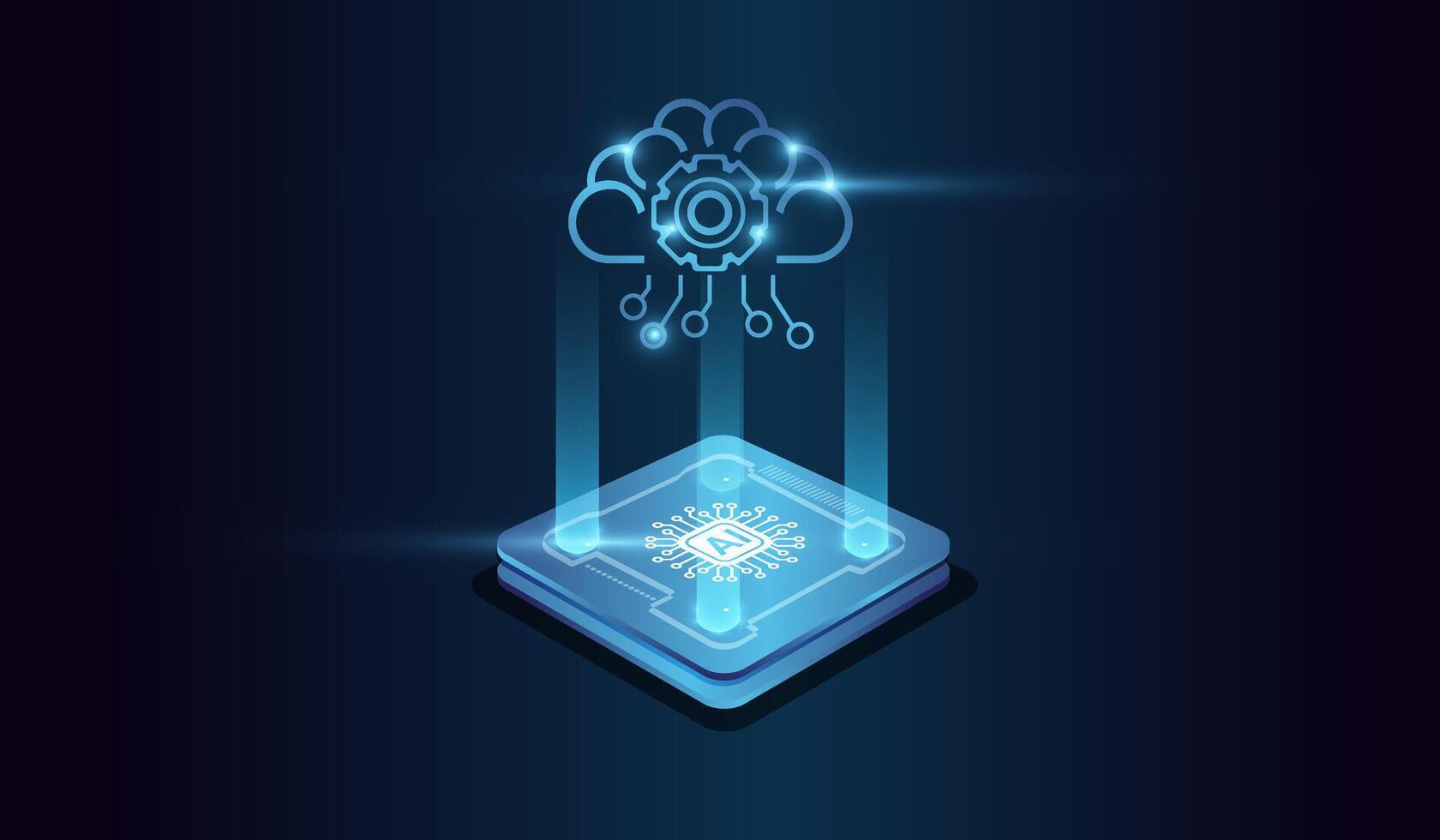 The Computer microchip, and Binary code in digital brain form compose. and Artifical intelligence technology concept on Brightly glowing AI chip with light circuit board. vector