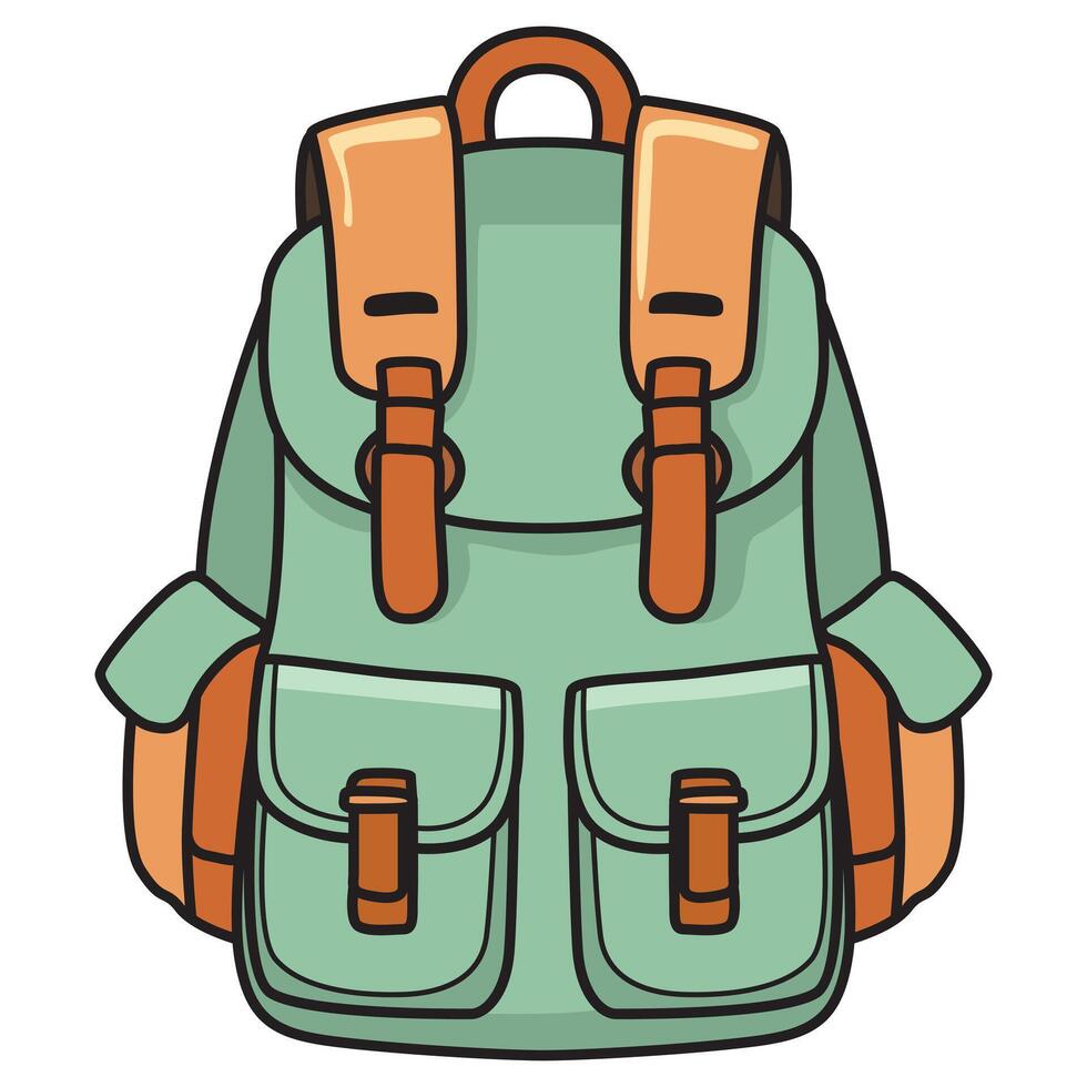 A detailed drawing of a green camping backpack, designed for outdoor adventures and travel. vector