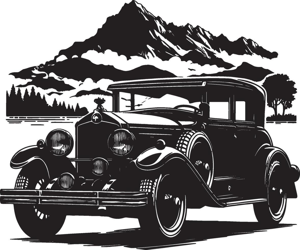 An old car is parked in front of mountains and trees vector