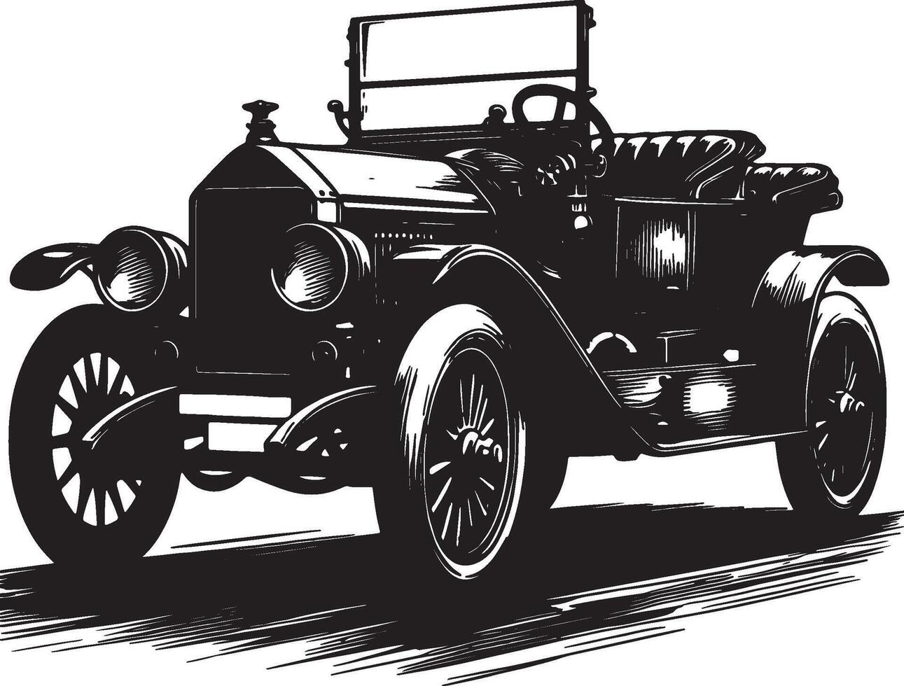 An old car is shown in black and white vector