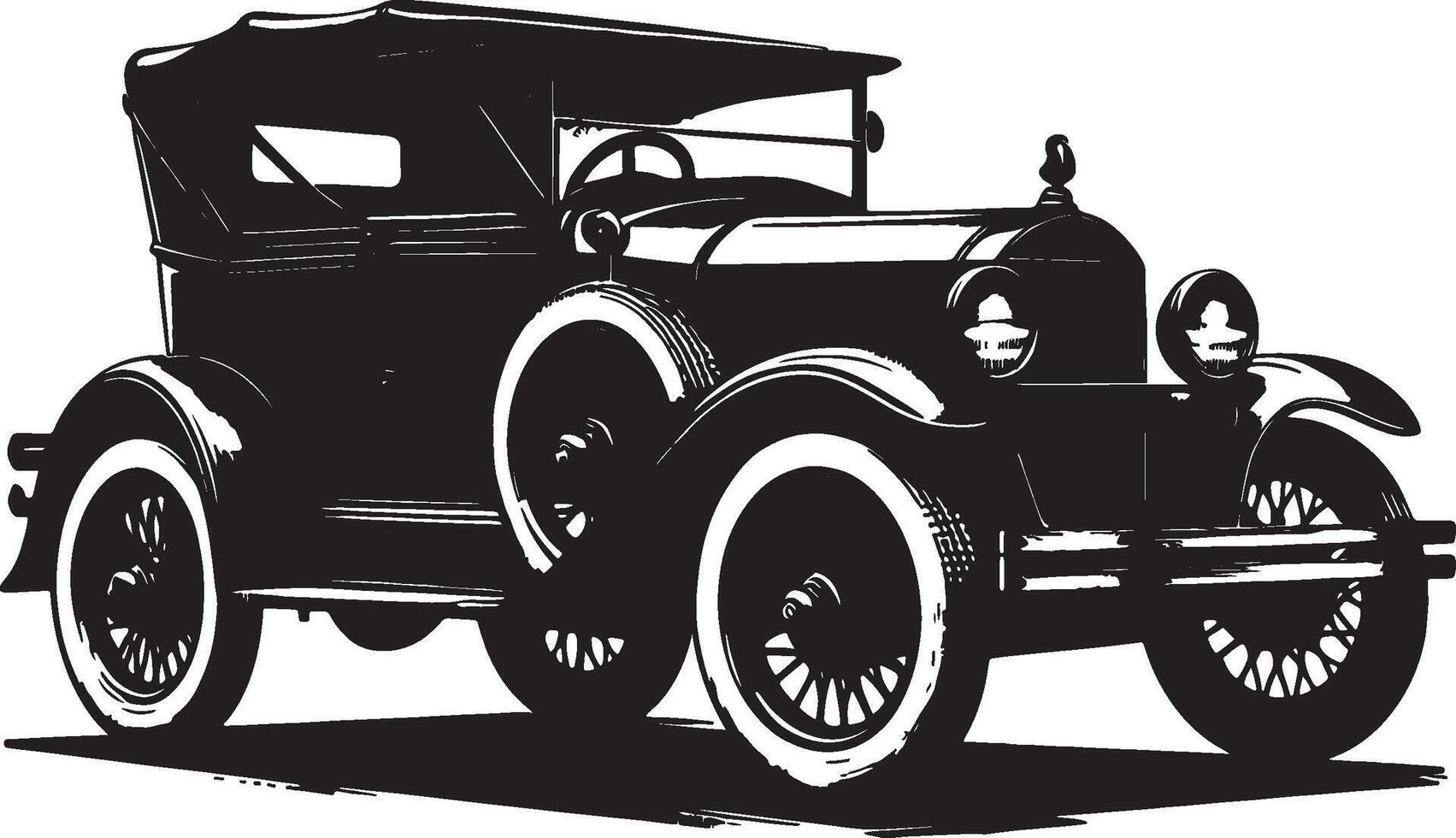 An old car is shown in black and white vector