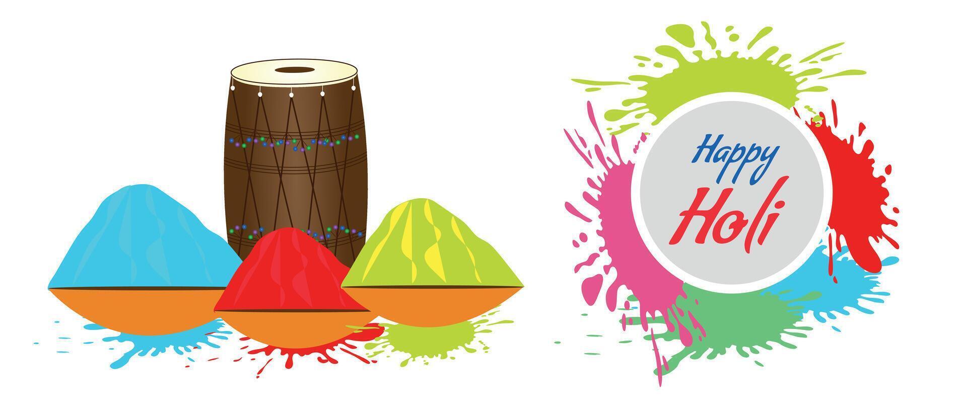 Colorful Holi festival celebration with vibrant powder, traditional drum, and festive splashes symbolizing joy and unity. vector