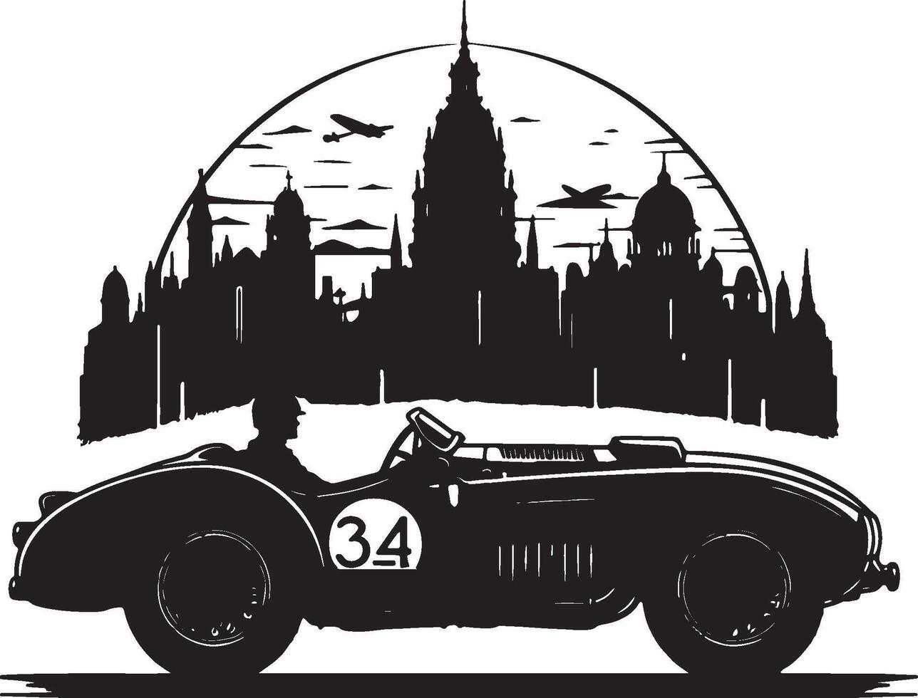 A black and white illustration of a vintage car with a city in the background vector