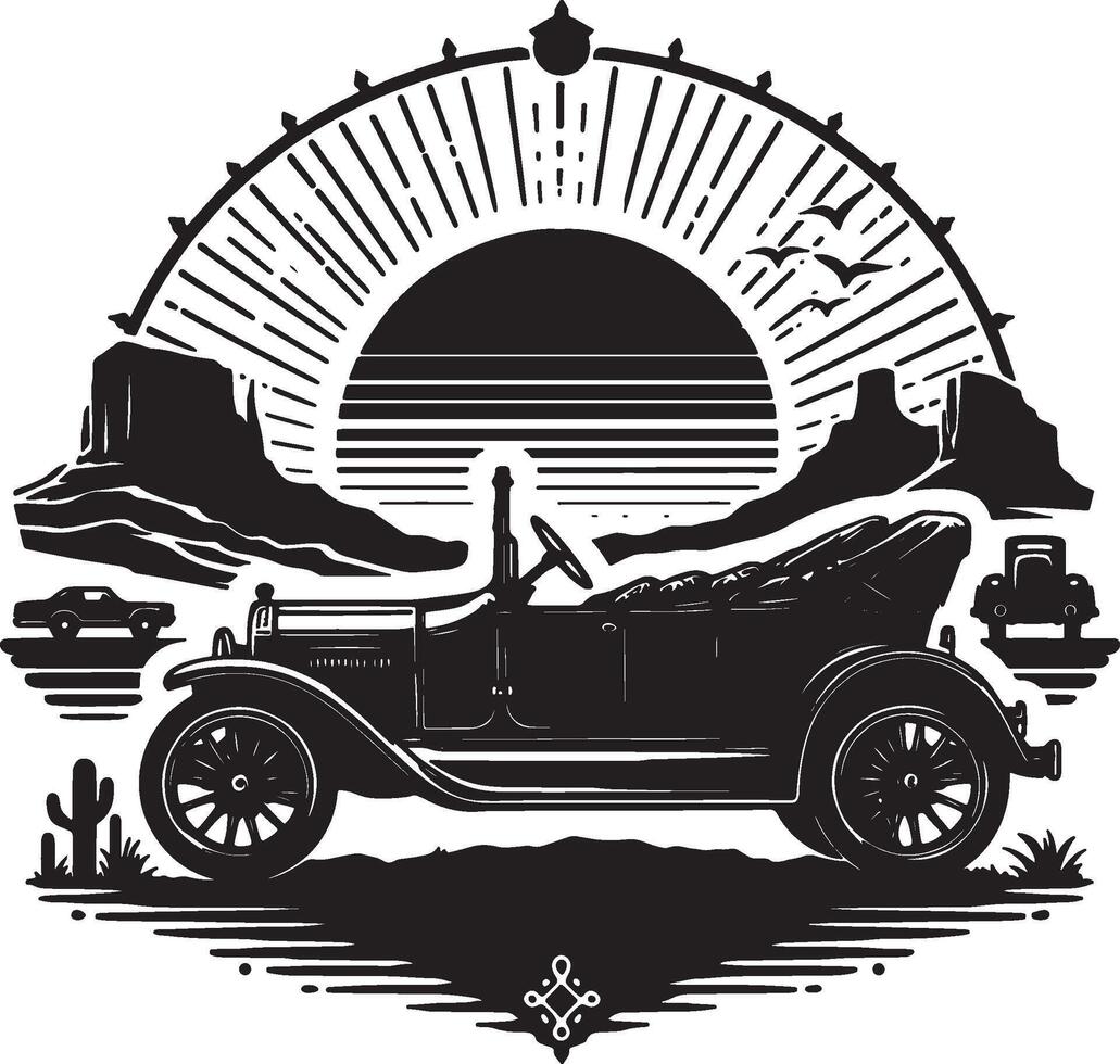 An old car with a sun and mountains in the background vector