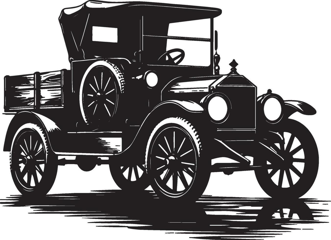 An old car is shown in black and white vector