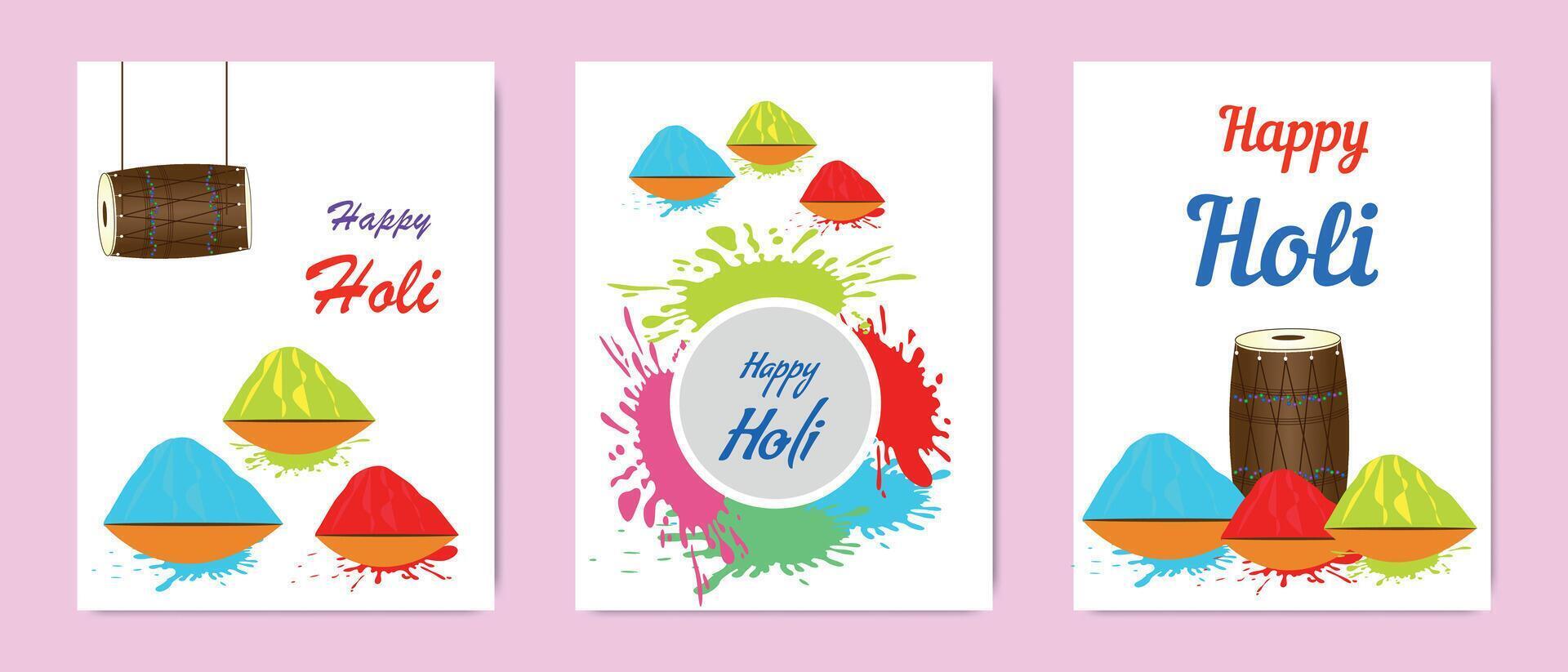Holi festival greeting cards with colorful powder, vibrant splashes, and traditional drum, symbolizing joy and festivity. vector